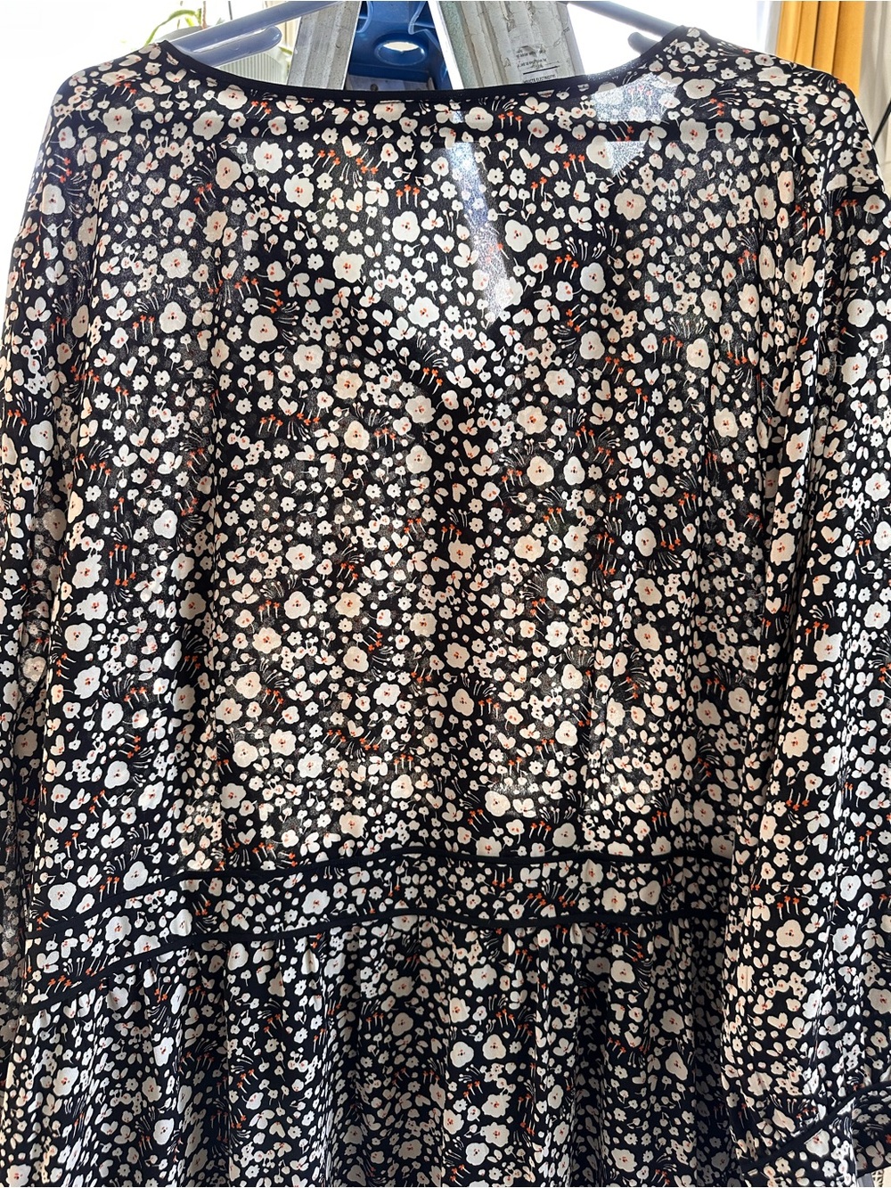 Black Floral Long Sleeve Dress, White and orange flowers. sheer with slip under